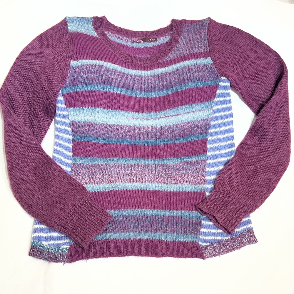 Prana Womens Medium Purple Blue Striped Knit Crewneck Sweater Mixed Pattern